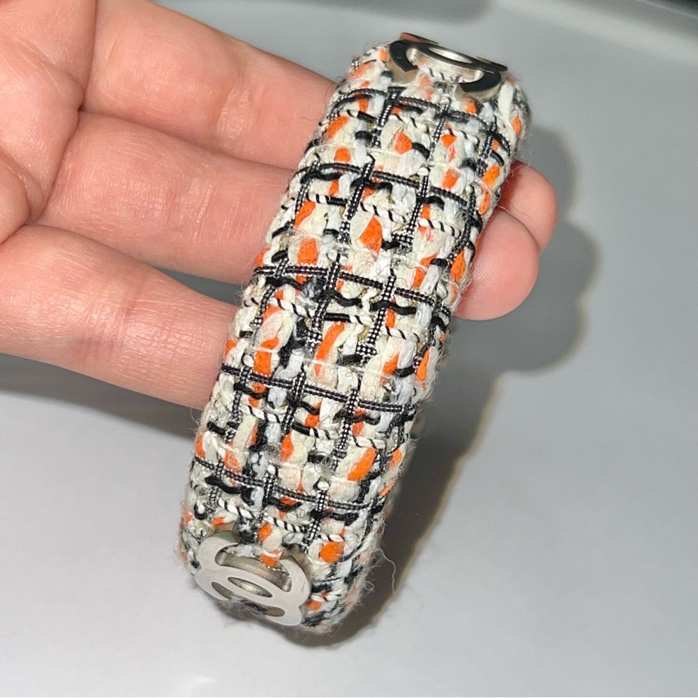 AUTH Chanel Orange Cream Tweed Bangle Bracelet Silver Metal CC Logo - Picture 6 of 11